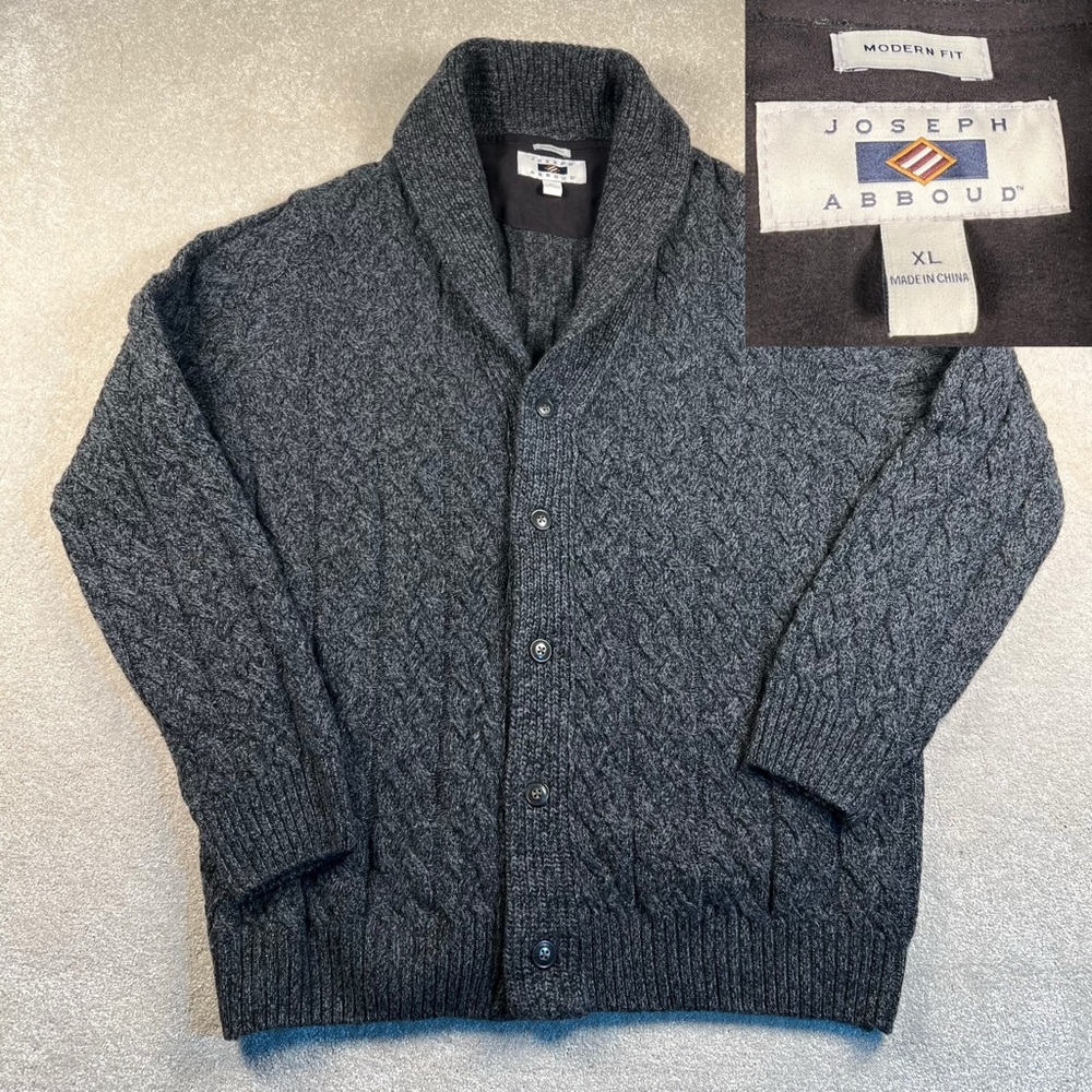 Joseph Abboud Sweater Gray Cable‎ Knit Cardigan Button Modern Fit Wool Blend XL